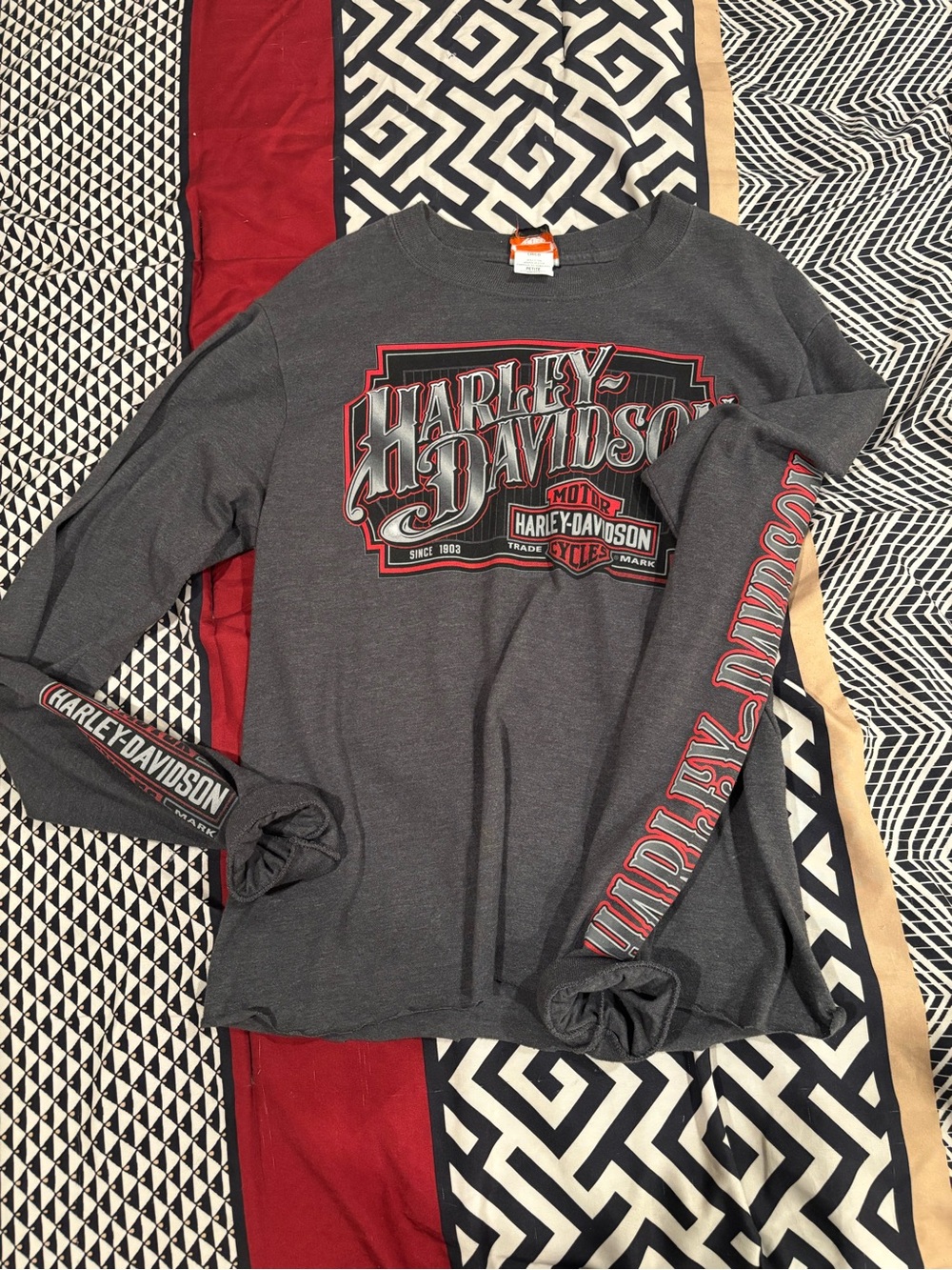 chic Men's Long Sleeve Graphic Tee in Gray with Red Accents